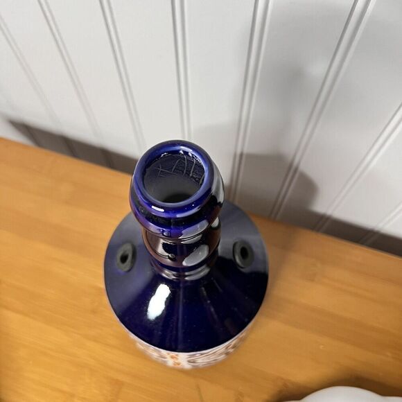 Vintage Israel Hand Painted Floral Pottery Bud Vase Blue White Orange MCM Style - Picture 4 of 7